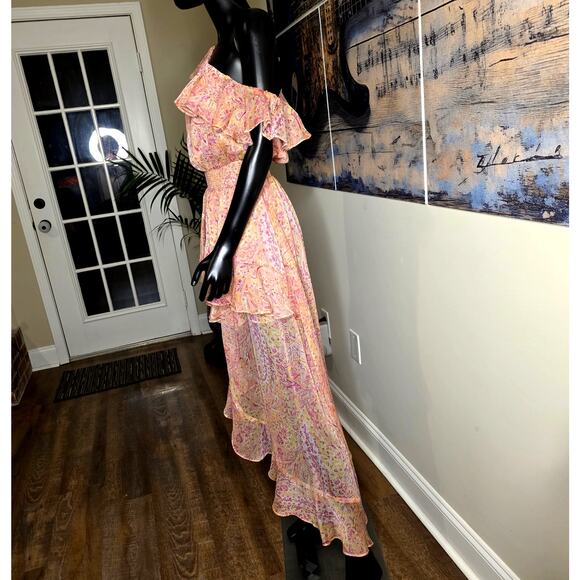 MISA Los Angeles Gisele Asymmetric Pink off Shoulder Floral Dress - Picture 2 of 14